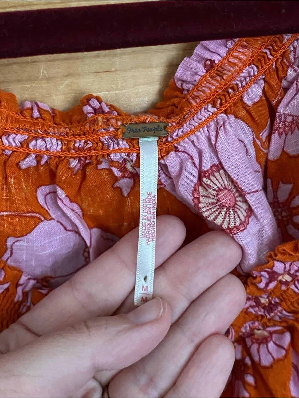 Free People Miss Daisy floral burnt orange puff sleeve smock blouse size medium